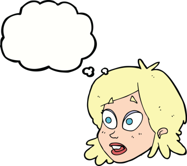 Bir insan tarafından çizilmiş düşünce baloncuğu ile şaşırmış kadın yüzü.