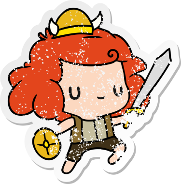 Kederli çıkartma çizimi, kawaii sevimli Viking çocuğu bir insan tarafından çizilmiş.