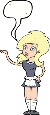 Bir insan tarafından çizilmiş konuşma balonu olan güzel bir garson kız.