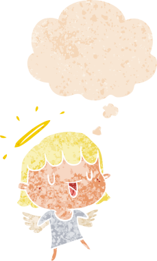 Düşünce baloncuklu karikatür meleği grunge dertli eski moda bir insan tarafından çizilmiş.