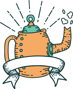 Dövme stili eski kahve demliği ile bir insan tarafından çizilmiş parşömen afişi.