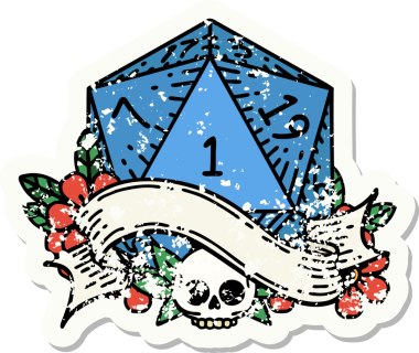 Bir insan tarafından çizilmiş doğal bir d20 zarının grunge çıkartması.