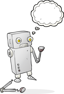 Serbest çizim düşünce balonu karikatürü bir insan tarafından çizilmiş bozuk robot.
