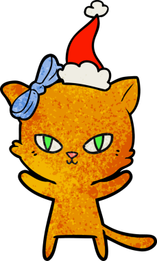 Bir insan tarafından çizilmiş Noel Baba şapkası takan kedi desenli bir el çizimi.