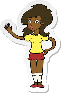 Çizgi film çıkartması. Güzel bir kadın. Bir insan tarafından ilgi çekmek için el sallıyor.