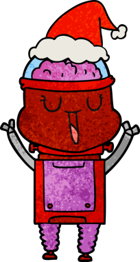 Bir insan tarafından çizilmiş Noel Baba şapkası giyen bir robotun çizilmiş mutlu el çizimi karikatürü