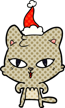 Bir insan tarafından çizilmiş Noel Baba şapkası takan bir kedinin el çizimi çizgi roman tasviri