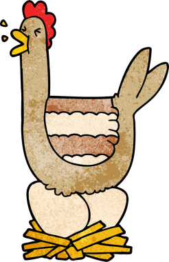 Bir insan tarafından çizilmiş yuvada oturan tavuk.