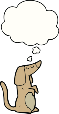 Bir insan tarafından çizilmiş düşünce baloncuklu çizgi film köpeği.