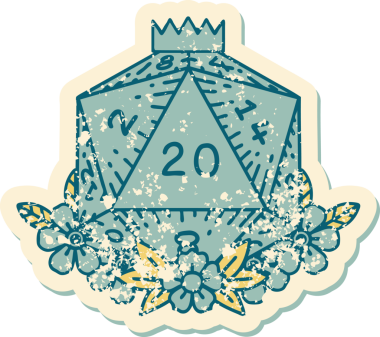 Retro Dövme Biçimi Doğal 20 D20 zar bir insan tarafından çizilmiş çiçek elementleriyle