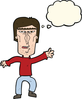 Çizgi filmdeki kızgın adam bir insan tarafından çizilmiş düşünce balonuyla uyarı sallıyor.