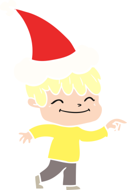 Bir insan tarafından çizilmiş Noel Baba şapkası takan mutlu bir çocuğun düz renkli çizimi.