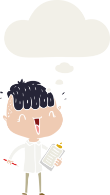 Bir insan tarafından çizilmiş düşünce baloncuğuyla şaşırtılan çizgi film çocuğu.