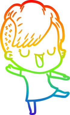 Gökkuşağı gradyan çizimi. Hipster saç kesimi bir insan tarafından çizilmiş şirin bir çizgi film kızı.