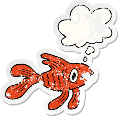 Düşünce baloncuklu karikatür balığı insan tarafından çizilmiş yıpranmış bir çıkartma gibi.