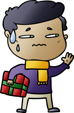 Bir insan tarafından çizilmiş Noel hediyeli endişeli bir adam.