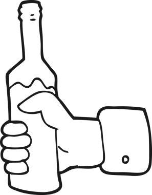 Bir insan tarafından çizilmiş bir şişe şarabı tutan el yapımı siyah beyaz bir çizgi film.