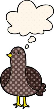 Çizgi roman tarzında düşünce baloncuğu olan çizgi film kuşu insan tarafından çizilmiş.