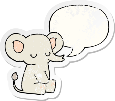 Konuşma baloncuğu olan karikatür fili bir insan tarafından çizilmiş sıkıntılı eski bir çıkartma