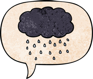 Bir insan tarafından çizilmiş eski dokuda konuşma baloncuğuyla yağmur yağıyor.