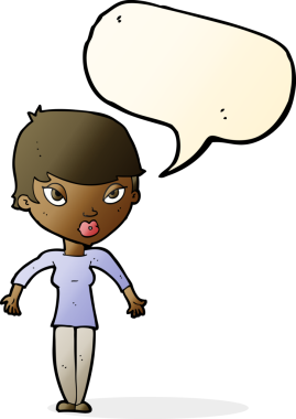 Bir insan tarafından çizilmiş konuşma baloncuğuyla omuz silken çizgi film kadını.