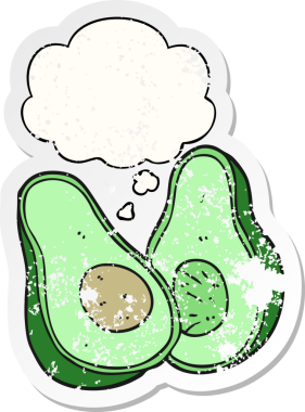 Düşünce baloncuklu çizgi film avokadosu insan tarafından çizilmiş yıpranmış bir çıkartma.
