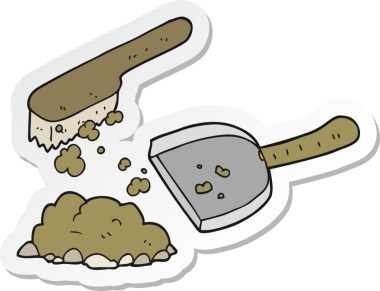 Bir insan tarafından çizilmiş karikatür tozu ve fırça etiketi.