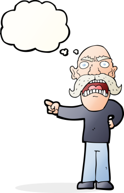 Bir insan tarafından çizilmiş düşünce baloncuğu olan kızgın yaşlı bir adam.