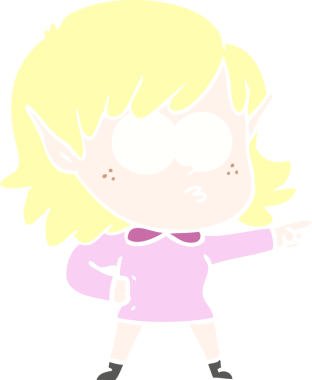 Düz renkli çizgi film karakteri elf kızı bir insan tarafından çizildi.