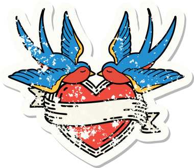 Geleneksel kırlangıç stili bir dövme ve bir insan tarafından çizilmiş bayrağı olan bir kalp.