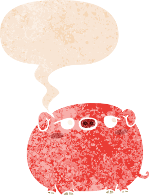 Grunge 'da konuşma baloncuğu olan sevimli çizgi film domuzu bir insan tarafından çizilmiş sıkıntılı retro dokuma tarzı