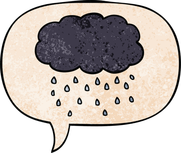 Bir insan tarafından çizilmiş eski dokuda konuşma baloncuğuyla yağmur yağıyor.