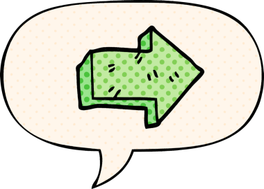 Bir insan tarafından çizilmiş çizgi roman tarzında konuşma balonlu bir ok gösteren çizgi film.