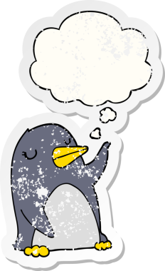 Düşünce baloncuğu olan karikatür pengueni insan tarafından çizilmiş yıpranmış bir çıkartma.