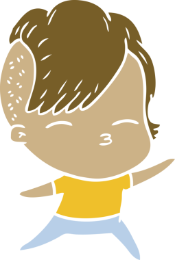 Düz renkli çizgi film çizen kız bir insan tarafından çizilmiş.