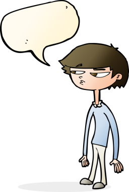 Bir insan tarafından çizilmiş konuşma balonu olan şüpheli çocuk çizgi filmi.