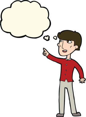 Bir insan tarafından çizilen düşünce baloncuğuyla işaret eden çizgi film adamı.