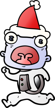 Bir insan tarafından çizilmiş Noel Baba şapkasıyla kaçan garip bir uzaylının el çizimi karikatürü.