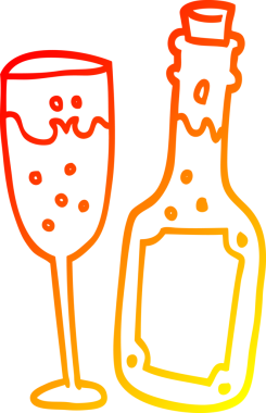 Karikatür çizen sıcak çizgi şampanya şişesi ve bir insan tarafından çizilmiş cam.