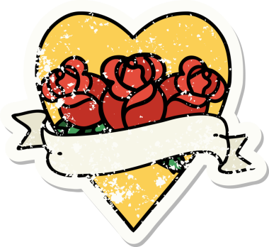 Geleneksel bir kalp stili ve insan tarafından çizilmiş çiçekli pankart dövmesi.