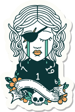 Hüzünlü bir elf karakterinin çıkartması. İnsan tarafından çizilmiş doğal bir d20 rulo.