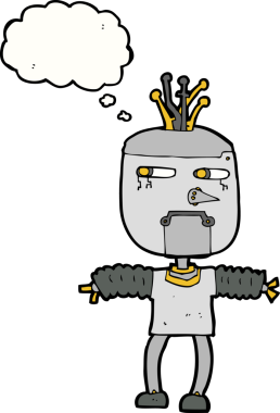 Bir insan tarafından çizilmiş düşünce baloncuklu çizgi film robotu