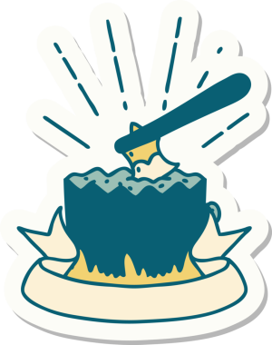 Bir insan tarafından çizilmiş ağaç kütüğündeki dövme stili baltası.