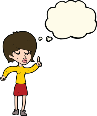 Bir insan tarafından çizilmiş düşünce baloncuğu fikri olan karikatür kadın.