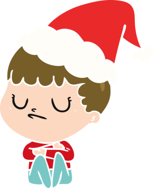 Bir insan tarafından çizilmiş Noel Baba şapkası giyen huysuz bir çocuğun düz renkli çizimi.