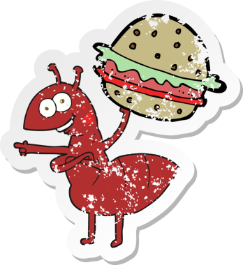 Bir insan tarafından çizilmiş yiyecekleri taşıyan karınca desenli bir karınca etiketi.