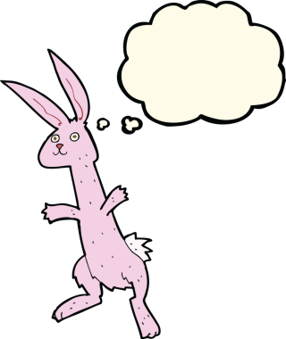 Bir insan tarafından çizilmiş düşünce kabarcığı olan çizgi film tavşanı.
