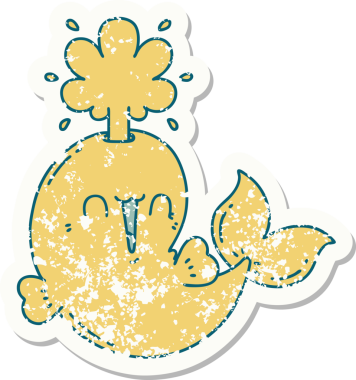 Dövme stili eski bir çıkartma. Bir insan tarafından çizilmiş mutlu, fışkırtan balina karakteri.