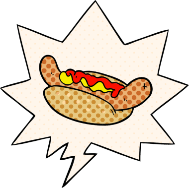 Bir insan tarafından çizilmiş, çizgi roman tarzında konuşma balonu olan taze, lezzetli bir sosisli.