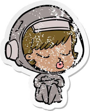 Bir karikatür çıkartması. Bir insan tarafından çizilmiş güzel astronot kız.